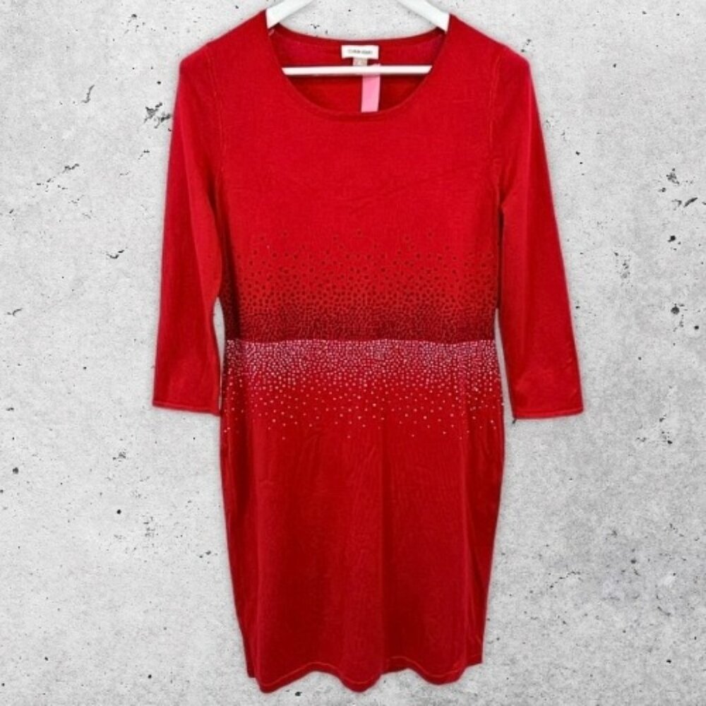 Calvin Klein Sweater Dress Stretchy Knit Fabric Embellished Studded‎ Red W US L
